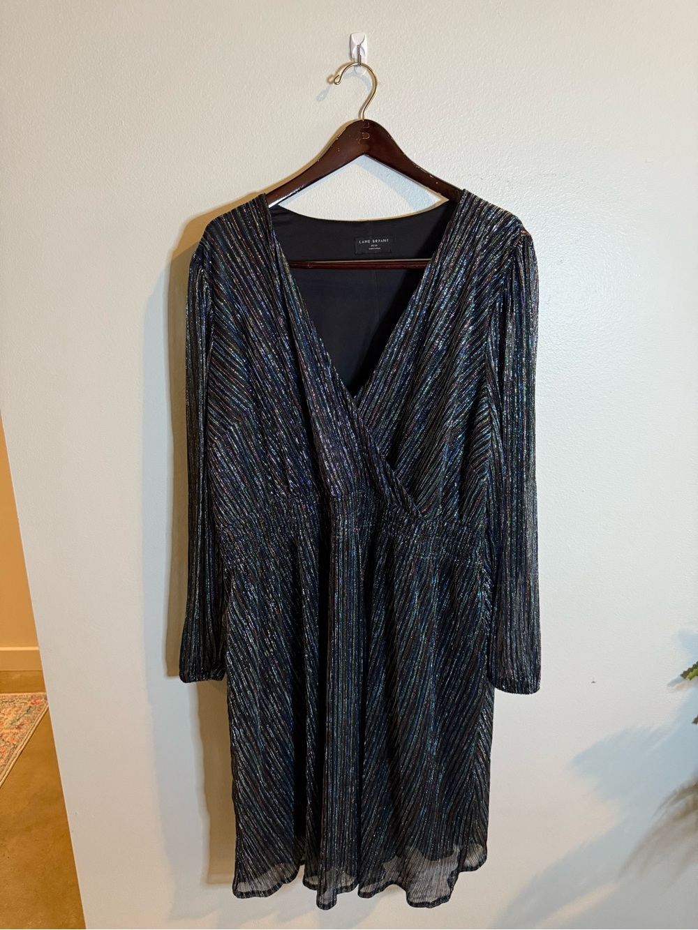 Lane Bryant Black Metallic Stripe Long Sleeve V-Neck Dress